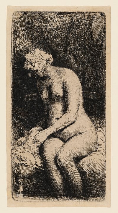 Mulher banhando os pés em um riacho de Rembrandt van Rijn