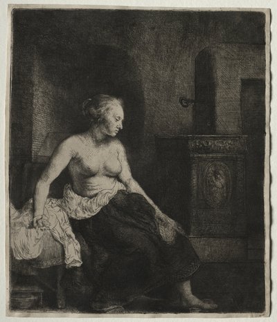 Mulher sentada meio vestida ao lado de um fogão, 1658. de Rembrandt van Rijn