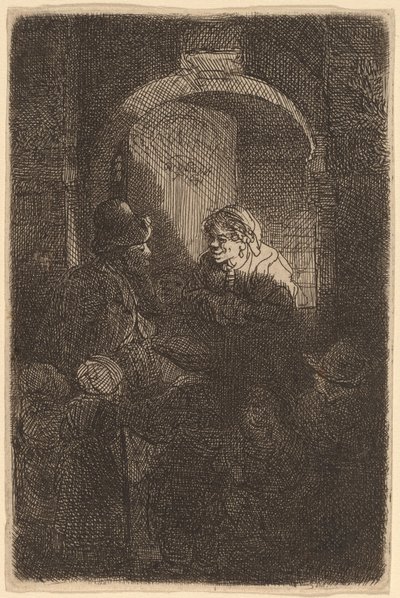Mulher em uma escotilha conversando com um homem e crianças (The Schoolmaster) de Rembrandt van Rijn