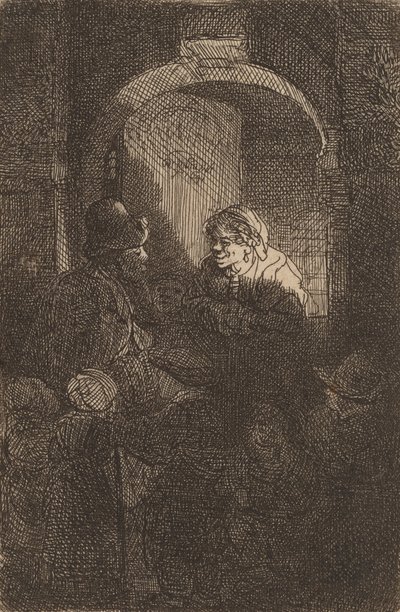 Mulher em uma escotilha conversando com um homem e crianças The Schoolmaster, 1641. de Rembrandt van Rijn