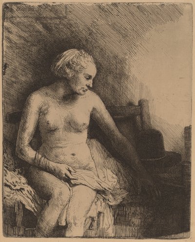 Mulher no banho com um chapéu ao lado dela de Rembrandt van Rijn