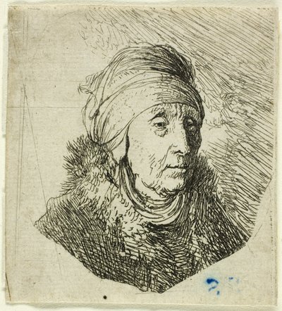 Mulher com um cocar alto enrolado no queixo: busto de Rembrandt van Rijn