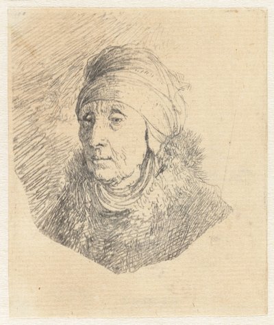 Mulher com um cocar alto enrolado à volta do queixo: busto de Rembrandt van Rijn