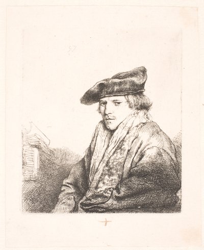 Jovem em um boné de veludo com livros ao lado dele de Rembrandt van Rijn