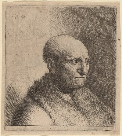 Homem careca em uma capa de pele de Rembrandt van Rijn and Studio of Rembrandt