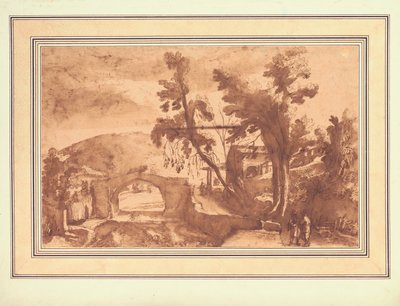 Uma paisagem montanhosa com uma ponte sobre um rio, figuras numa estrada junto a uma quinta à direita (tinta e lavagem com giz sobre papel) de Remigio Cantagallina