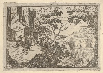 Paisagem com edifícios à esquerda e uma ponte logo abaixo, ca. 1620-50. de Remigio Cantagallina