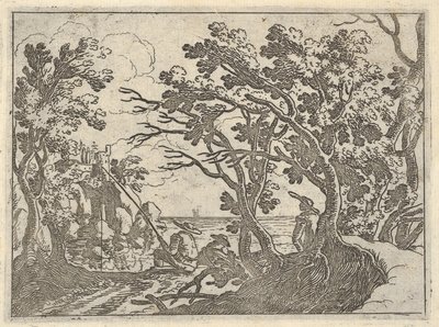 Paisagem com pescador em terra e espectador masculino sob árvores, um homem em uma proa de barco ..., ca. 1620-50. de Remigio Cantagallina