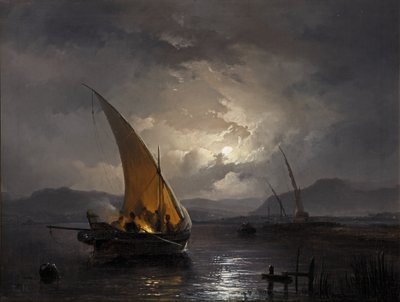 Uma paisagem noturna com um veleiro onde se acende uma fogueira, após 1860 (óleo sobre tela) de Remigius van Haanen