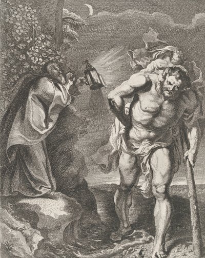 São Cristóvão carregando o Menino Jesus através de um riacho, outro homem segurando um ..., ca. 1636-80. de Remoldus Eynhoudts