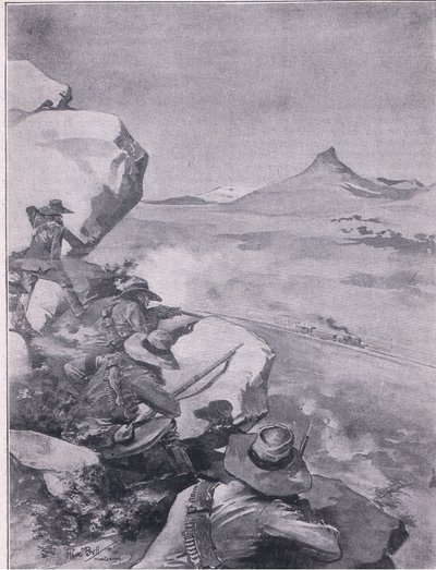 Boers a disparar sobre o comboio do General French (litho) de René Bull