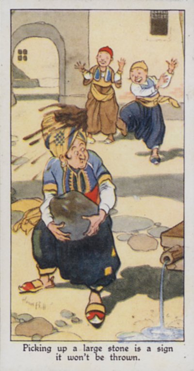 Provérbio Oriental: Pegar numa pedra grande é um sinal de que não será atirada (cor litho) de René Bull