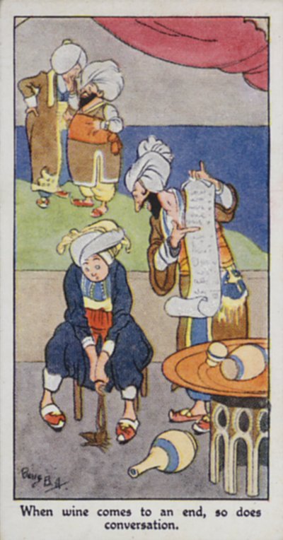 Provérbio Oriental: Quando o vinho chega ao fim, a conversa também termina (cor litho) de René Bull