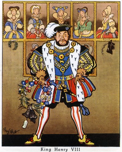 Rei Henrique VIII decorando os retratos de suas esposas com azevinho, visco e uma coroa de flores para o Natal, 1936 de René Bull
