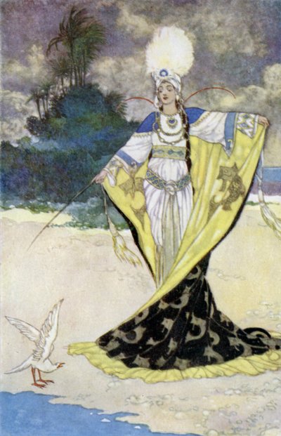 A princesa Giauhara transforma o rei Beder em um pássaro branco (cor litho) de René Bull