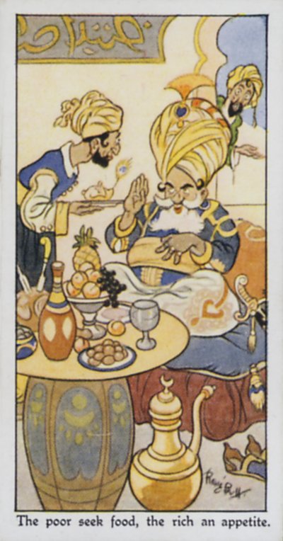 Os pobres procuram comida, os ricos um apetite (cor litho) de René Bull