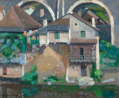 Casas no Vézère em Uzerche (óleo sobre papelão) de René Fontayne