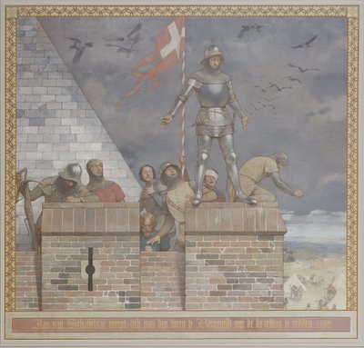 Pintura de Georg Sturm a imagem de Jan van Schaffelaar se joga da torre em Barneveld para salvar a ocupação, na parede sul do Voorhal de René den Engelsman