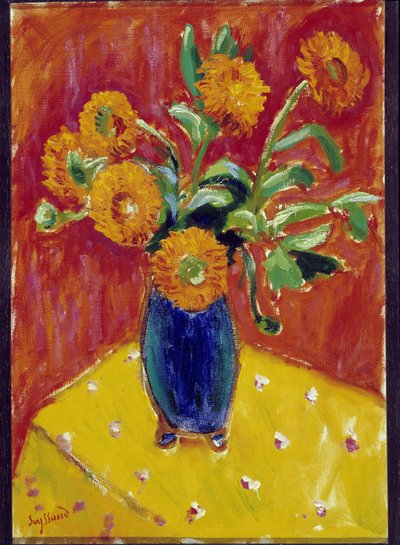 Bouquet de peónias num vaso azul (óleo sobre tela) de Rene Auguste Seyssaud