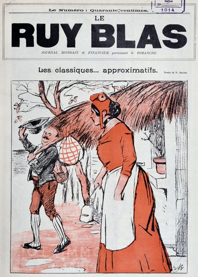 Marianne como camponesa, com um lenço na mão, nos degraus da sua casa a ver um homem sair para a cumprimentar - Desenho de R. Berger para a capa de Ruy Blas, 1 de janeiro de Rene Berger