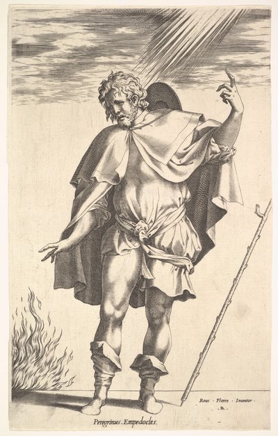Empédocles, de pé frontalmente, com a cabeça virada para três quartos, dirige ..., ca. 1545-63. de Rene Boyvin