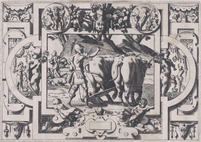 Jason semeia os dentes do dragão Jason os doma e os algema e ara seu f..., 1563. de Rene Boyvin