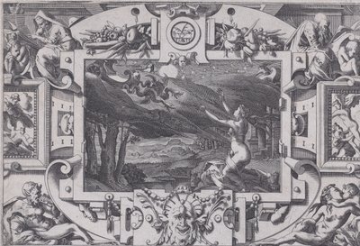 Medeia e sua carruagem puxada por dragões Despenteada e nua em uma noite escura, em um lugar deserto..., 1563. de Rene Boyvin