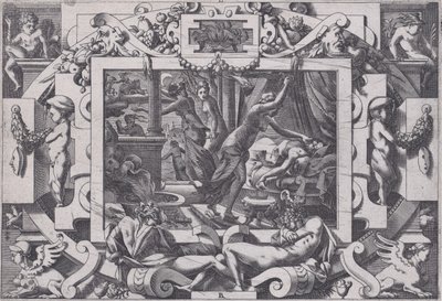 Pélias Assassinado por suas Filhas Cuja pena que tenham coragem de esvaziar seu sangue por v..., 1563. de Rene Boyvin