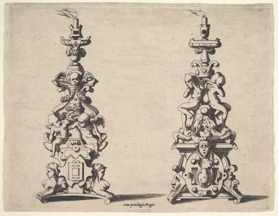 Dois desenhos de castiçal, ca. 1550-60. de Rene Boyvin