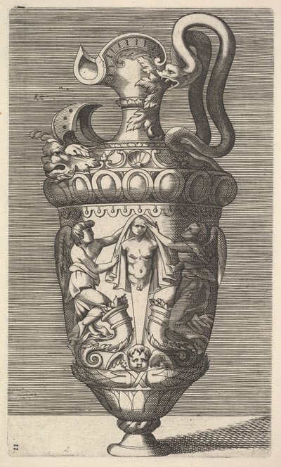 Vaso com duas figuras aladas drapejando um termo, século XVII. de Rene Boyvin