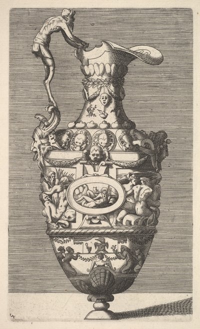 Vaso com um deus do rio em um medalhão oval, século XVII. de Rene Boyvin