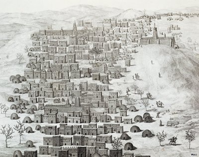 Vista da cidade de Timbuktu, Mali, gravada de Travels through Central Africa to Timbuctoo por René Caillie (1799-1838) entre 1824 e 1828, África de Rene Caillie