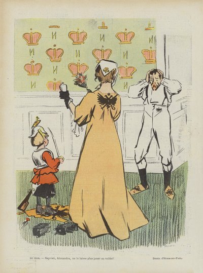 Sátira na derrota russa na guerra russo-japonesa. a ilustração para Le Rire de Rene George Hermann Paul