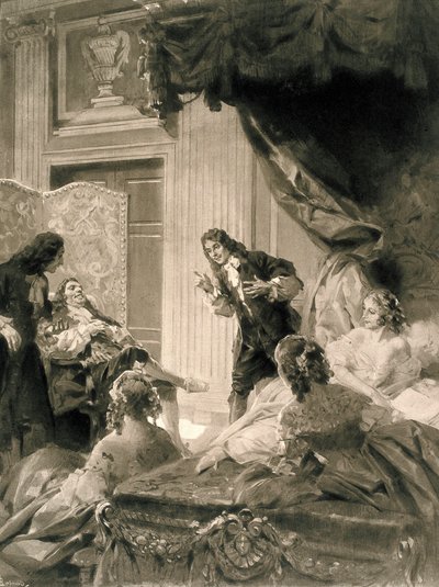 Cena da peça "Le Malade Imaginaire" de Jean Baptiste Poquelin dit MOLIERE (1622-1673), final do século XIX - início do século XX (pintura) de Rene Lelong