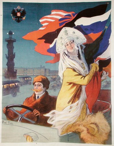 Casal num automóvel em São Petersburgo, cartaz publicitando um automóvel francês destinado ao mercado russo, c.1912 (cor litho) de Rene Pean