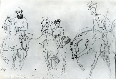 Três cavaleiros: Henri de Toulouse-Lautrec (1864-1901) entre seu pai, conde Alphonse e o artista de Rene Princeteau