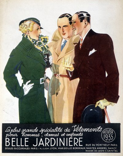 Publicidade de "A maior especialidade de vestuário para homem, senhora e criança Belle Jardinière", inverno de 1935 de Rene Vincent