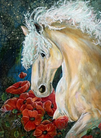 Cavalo de Sonho e Papoilas de Renee Machan Cottagecore Artist