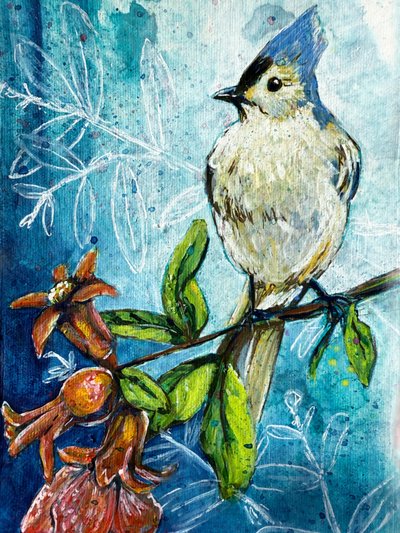 Chapim-de-crista-felpuda e romã de Renee Machan Cottagecore Artist