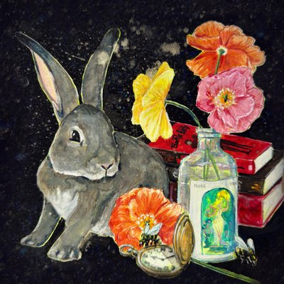 Natureza morta com coelho caprichoso de Renee Machan Cottagecore Artist