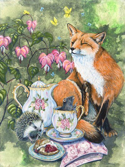 «Chá da Tarde»: Ouriço-raposa e rato com flores de coração-sangrante, por Renee Machan de Renee Machan Cottagecore Artist