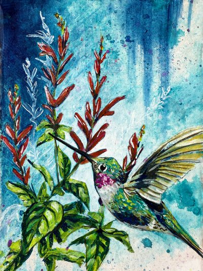 Flores de beija-flor «Hover» e sálvia-abacaxi, por Renee Machan de Renee Machan Cottagecore Artist