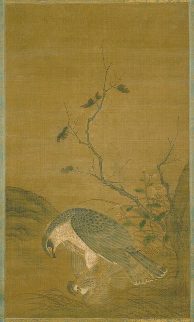Hawk Capturing A Sparrow (tinta e cor sobre seda) de Renfa Ren