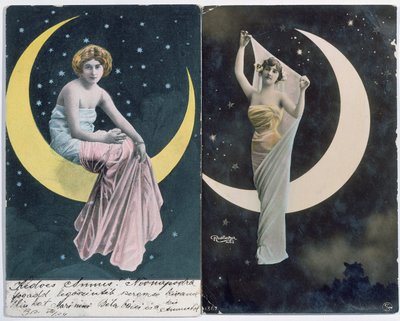 Húngaro (em L.) e francês (em R.) postais representando uma mulher e uma lua crescente (c.1910) (foto colorida) de Reutlinger Studio