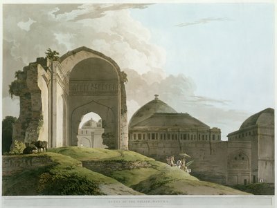 Ruínas do Palácio em Madurai, gravadas por Thomas e William (1769-1837) Daniell, publicado em 1798 (cor lito) de Rev. Edward Thomas Daniell