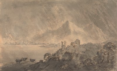 Castelo sobre um lago com montanha distante sob o céu tempestuoso de Rev. William Gilpin