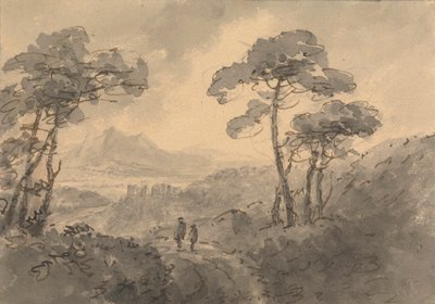 Paisagem de montanha com duas figuras numa estrada sinuosa de Rev. William Gilpin