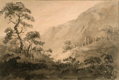 Mountainous Landscape With Ruin (caneta, tinta e tinta lavada sobre lápis em papel preparado com uma lavagem sépia) de Rev. William Gilpin