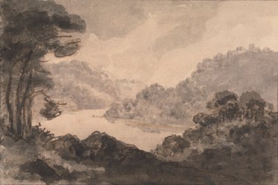 Paisagem montanhosa com rio, árvores e folhagem em primeiro plano de Rev. William Gilpin