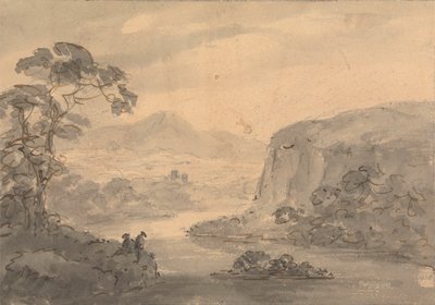 Paisagem montanhosa com duas figuras com vista para um lago de Rev. William Gilpin